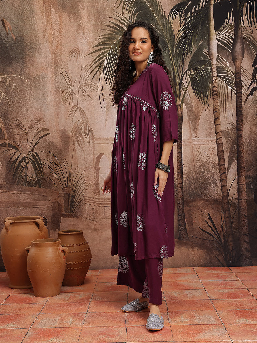Floral Printed Empire Anarkali Kurta with Trousers