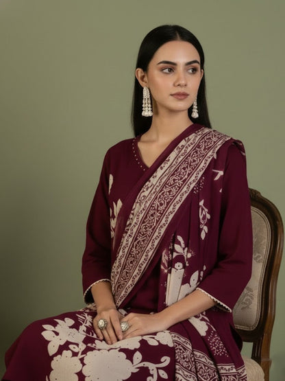 Floral Printed Pure Cotton V-Neck Straight Kurta & Trousers With Dupatta