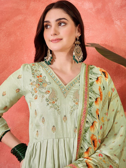 Dhiyona CH Women Floral Printed Empire Kurta with Trousers & Dupatta