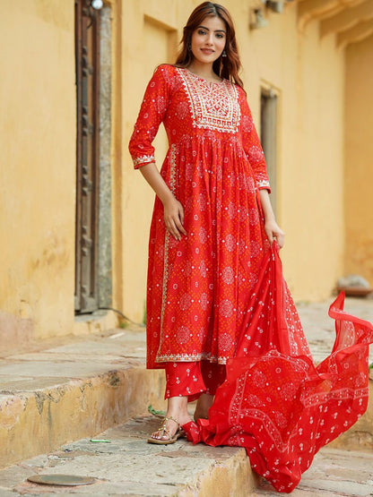 Dhiyona KL Bandhani Printed Thread Work Pure Cotton A-Line Kurta With Trousers & Dupatta