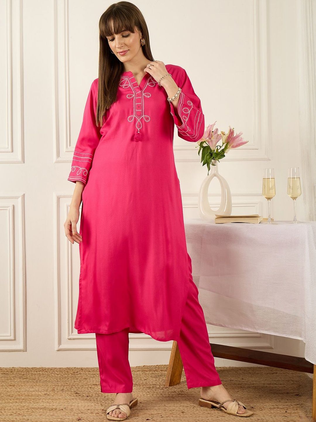 Floral Printed Thread Work Pure Cotton Kurta With Palazzos