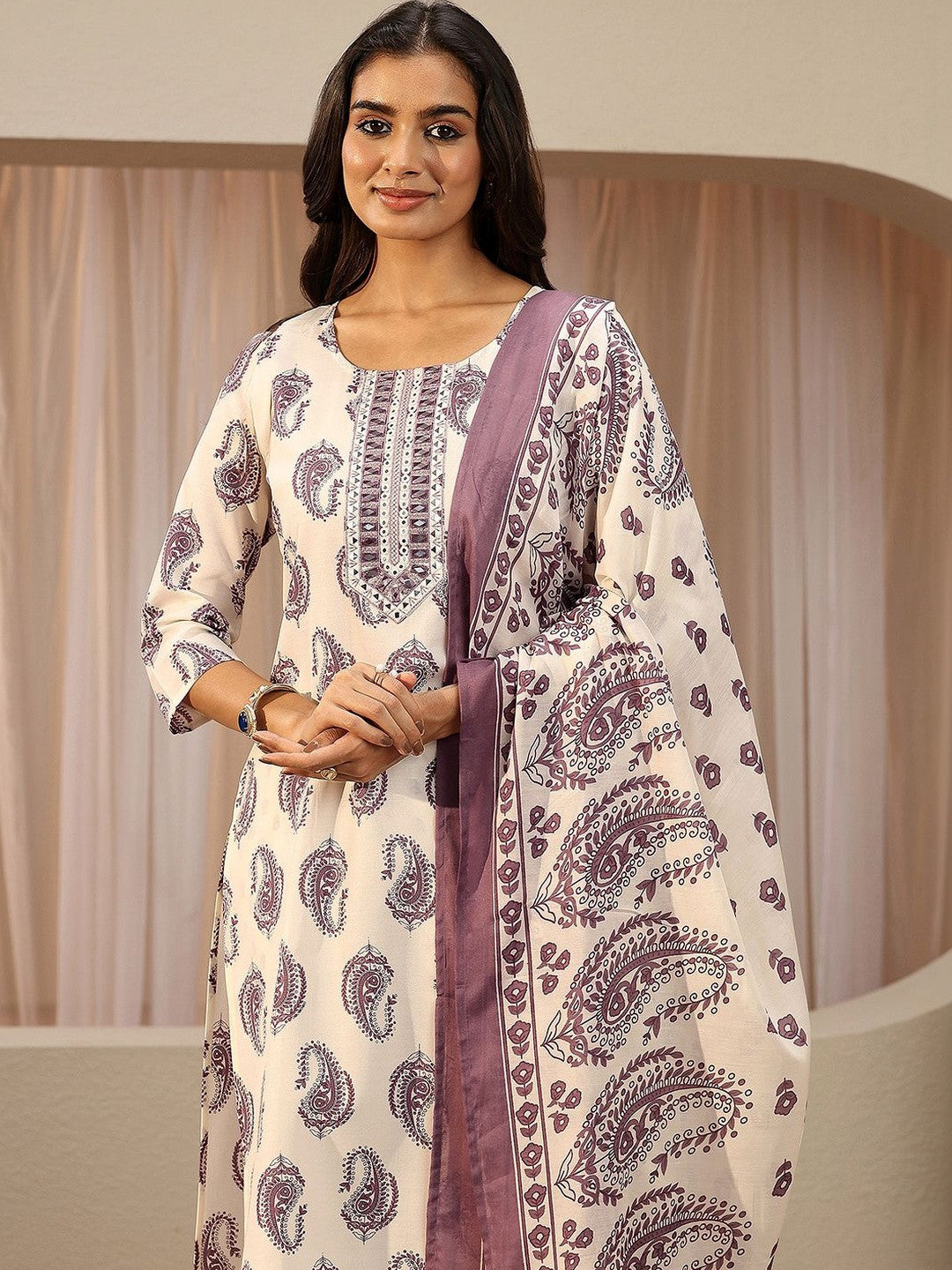 Off White Paisley Printed Cotton Blend Straight Suit Set