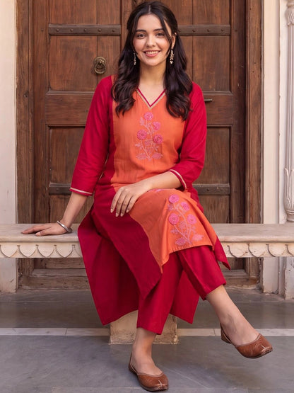 Women Floral Embroidered Regular Thread Work Kurta with Trousers
