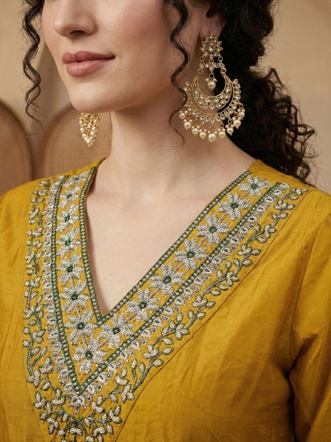Embroidered V-Neck Kurta & Trousers With Dupatta