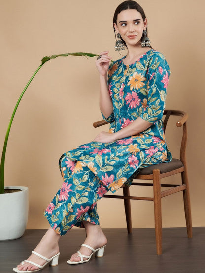 Women Floral Printed Regular Pure Cotton Kurta with Trousers