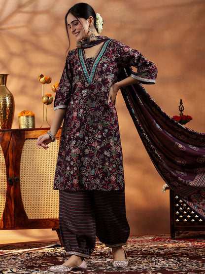 Women Floral Printed Regular Thread Work Kurta with Harem Pants & With Dupatta