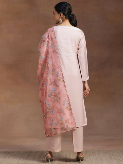 Women's LB Peach Yoke Design Silk Blend Straight Suit With Dupatta