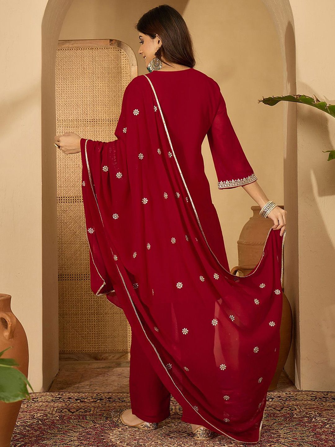 Dhiyona SN Georgette Zari Sequence Embroidered Kurta With Palazzos And Dupatta