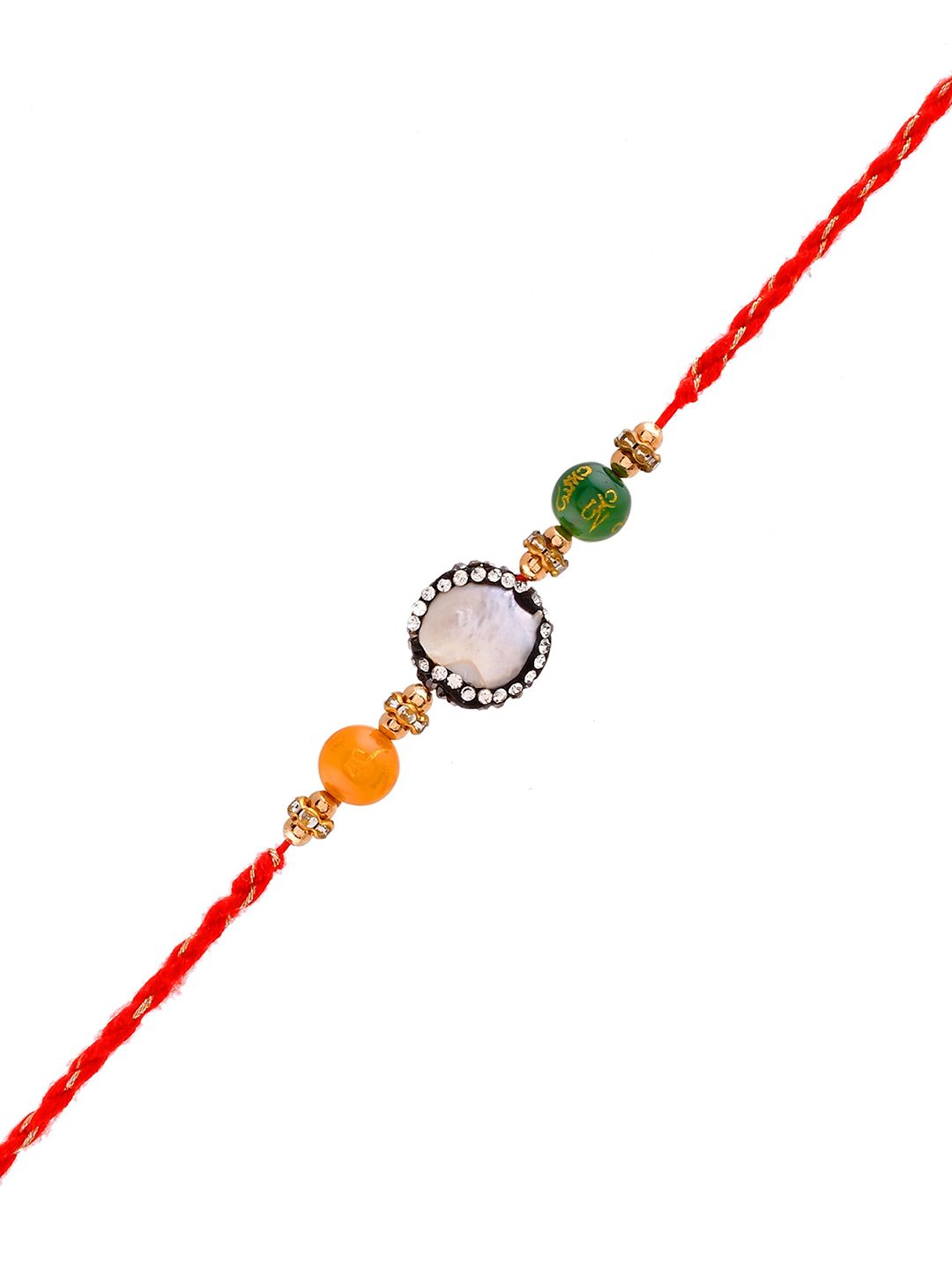 Dhiyona Orange Stone Studded & Beaded Thread Rakhi With Roli Chawal & Greeting Card