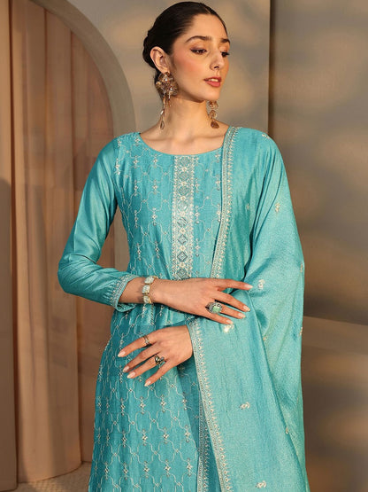 Women Ethnic Motifs Embroidered Regular Thread Work Kurta with Trousers & With Dupatta