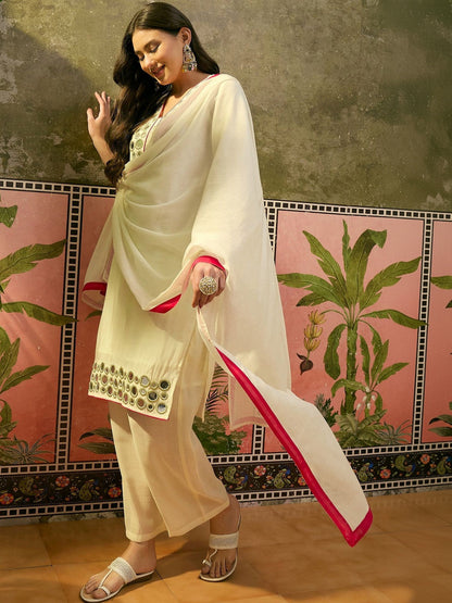 Embroidered Pure Cotton Round Neck Kurta & Trousers With Dupatta