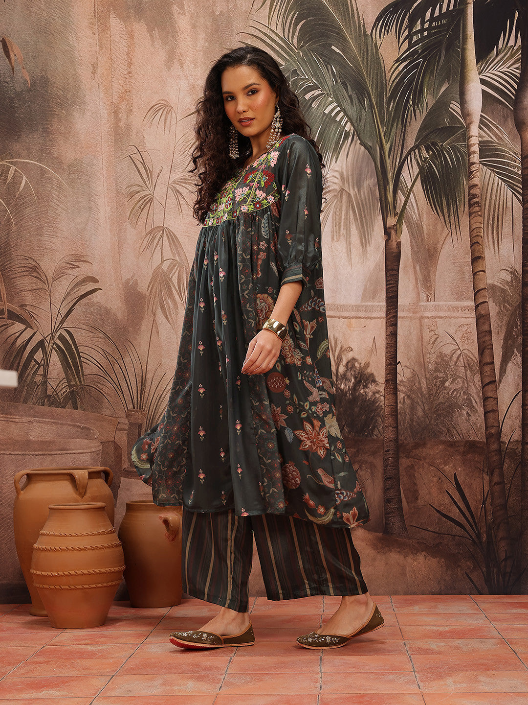 Ethnic Motifs Printed Thread Work Empire A-Line Kurta with Palazzos