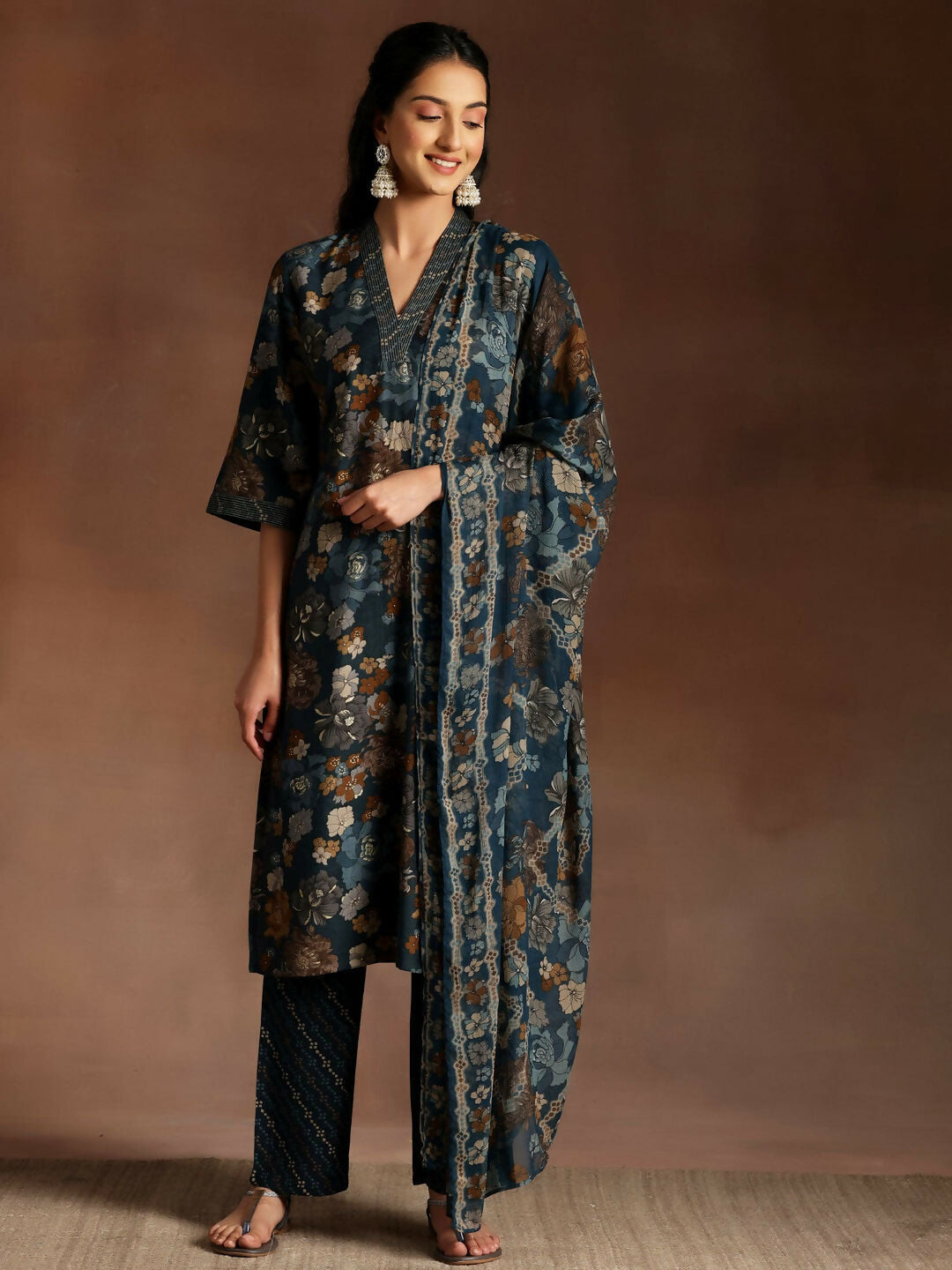 Women's LB Blue Printed Silk Blend Straight Suit With Dupatta