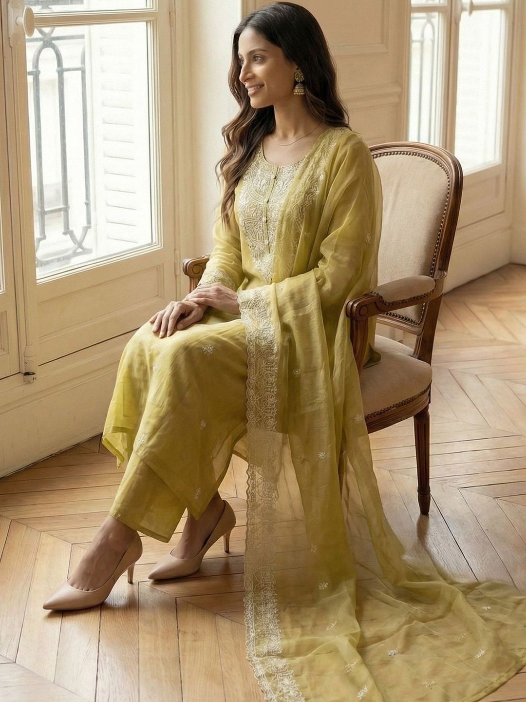 Dhiyona IE Women Ethnic Motifs Embroidered Regular Thread Work Kurta with Palazzos & With Dupatta
