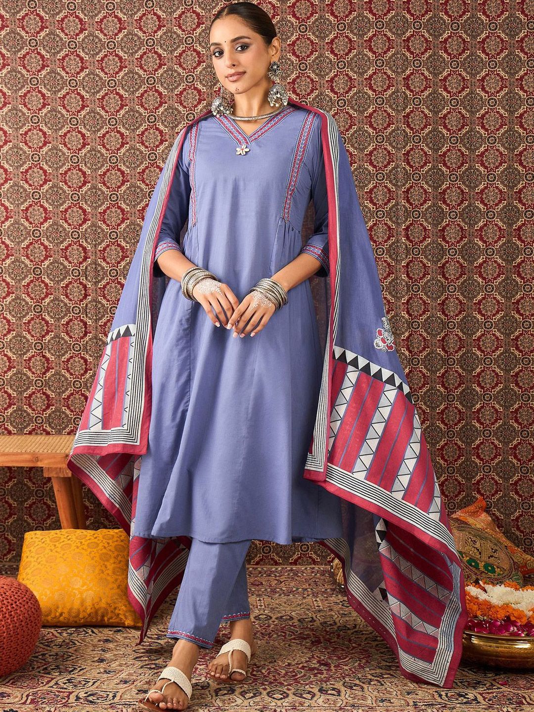 Dhiyona IE Women Solid Cotton A-Line Kurta with Trousers & Dupatta
