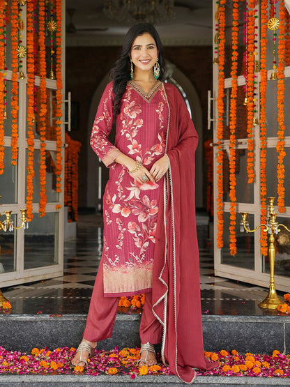 Dhiyona KL Floral Printed Sequinned V-Neck Straight Kurta With Trousers & Dupatta