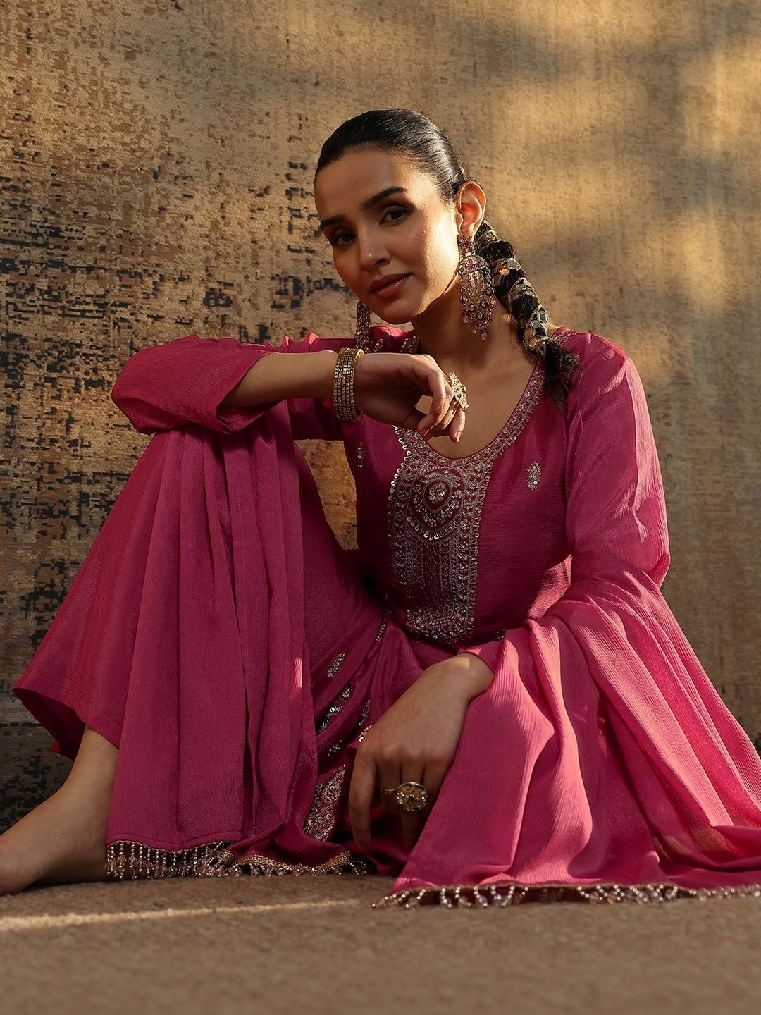 Dhiyona LL Women Ethnic Motifs Embroidered Regular Thread Work Kurta with Palazzos & With Dupatta