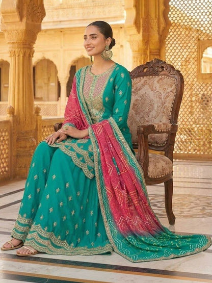 Dhiyona HOP Embroidered Round Neck Kurta & Sharara With Dupatta