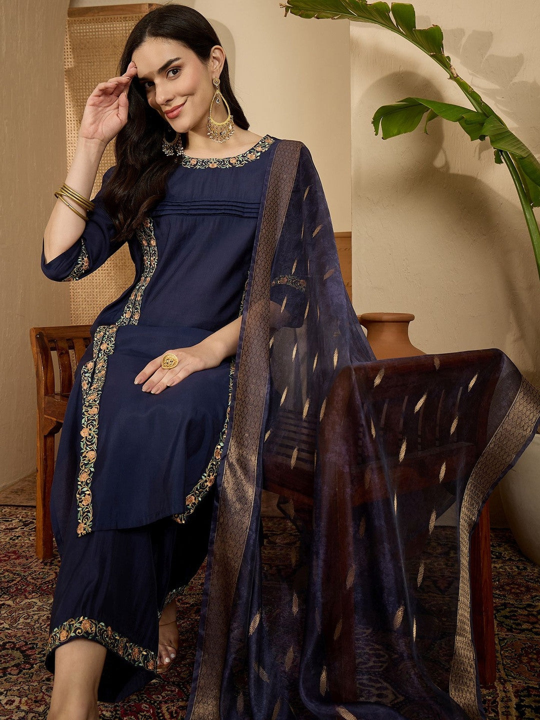 Floral Embroidered Pleated Thread Work Straight Kurta With Palazzos & Dupatta