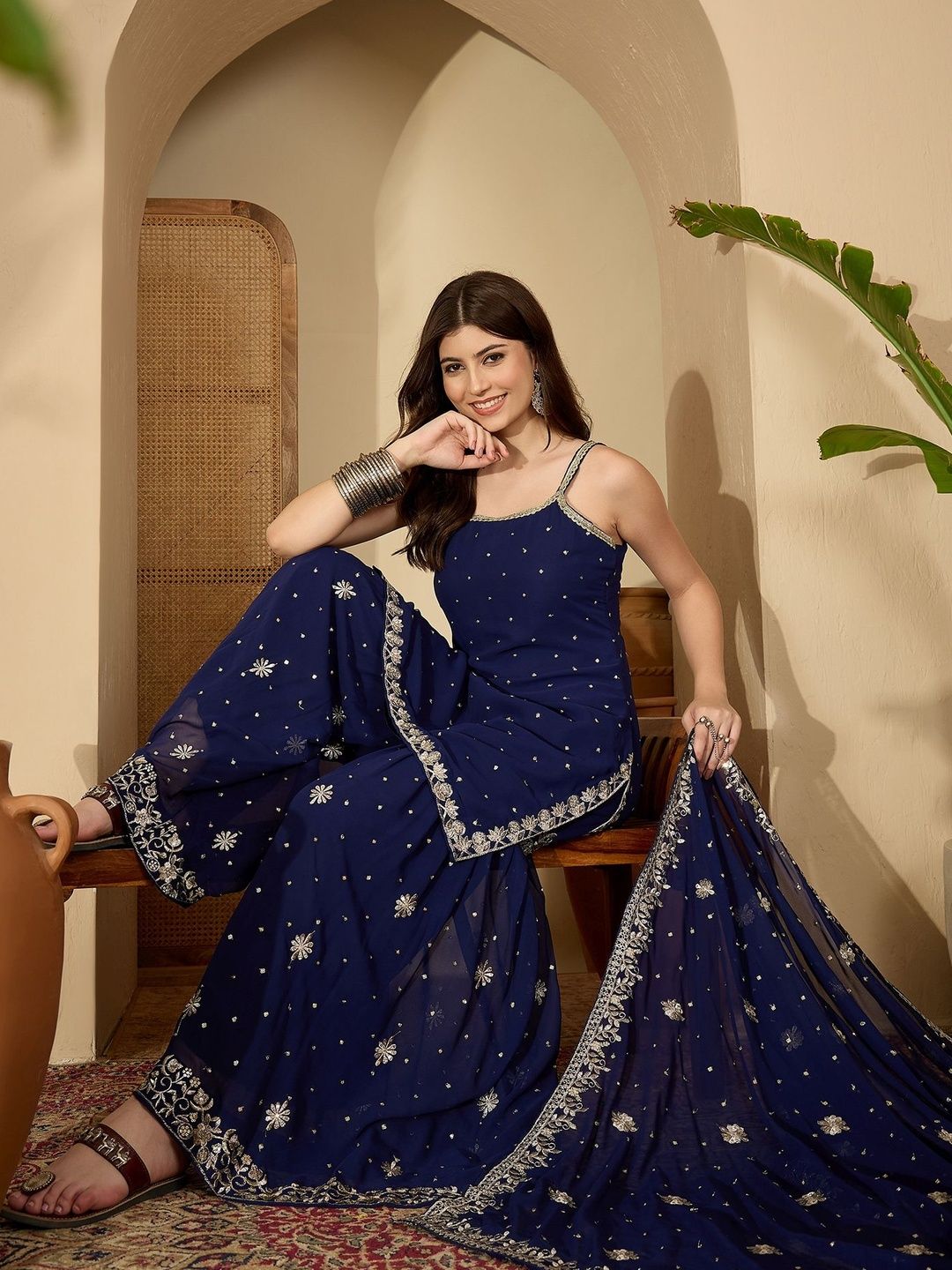 Dhiyona SN Ethnic Motifs Embroidered Regular Thread Work Kurti With Sharara & Dupatta
