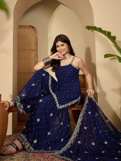 Dhiyona SN Ethnic Motifs Embroidered Regular Thread Work Kurti With Sharara & Dupatta