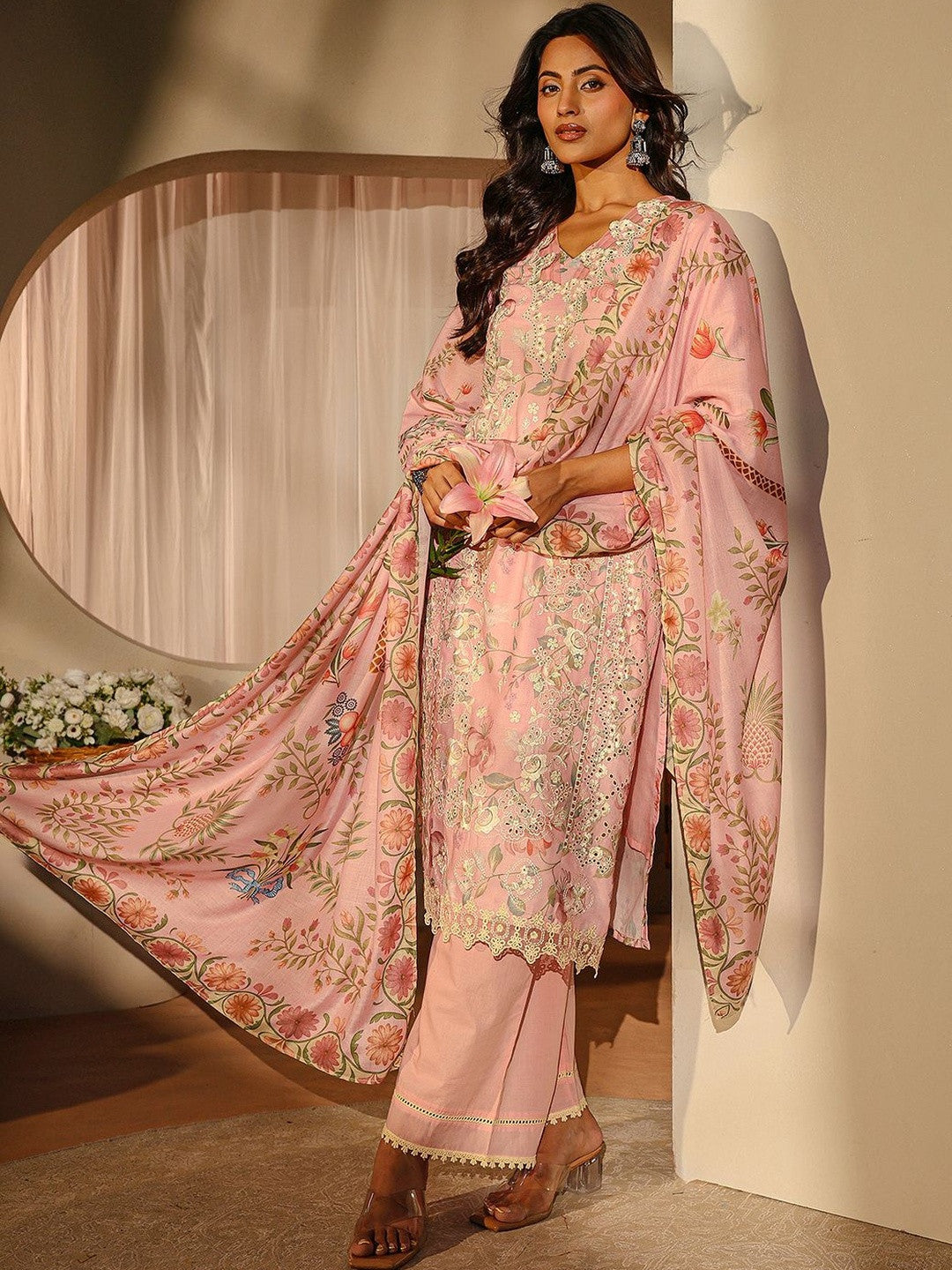 Pink Floral Printed Straight Suit Set
