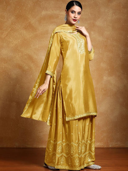 Dhiyona VA Ethnic Motifs Embroidered Beads and Stones Silk Crepe Kurta With Sharara & Dupatta