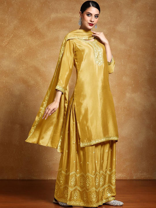 Dhiyona VA Ethnic Motifs Embroidered Beads and Stones Silk Crepe Kurta With Sharara & Dupatta