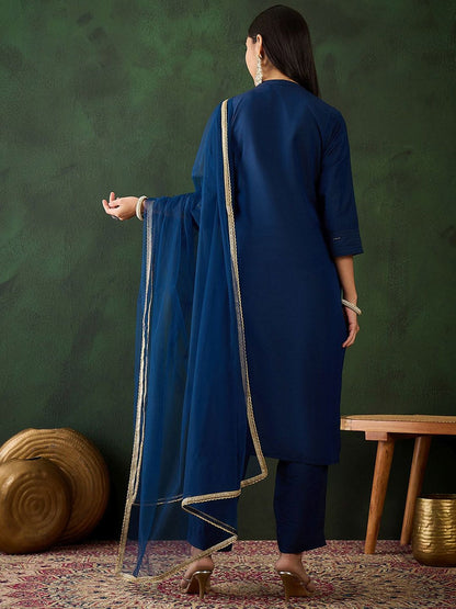 Dhiyona SN Women's Navy Blue Stripped Self Design Pintuck Pure Cotton Kurta & Trouser With Dupatta