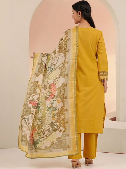 Mustard Floral Embridered Cotton Straight Suit Set