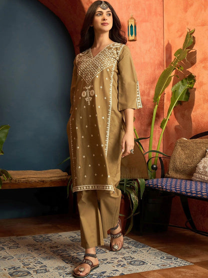 Women Ethnic Motifs Embroidered Regular Thread Work Pure Cotton Kurta with Trousers & With Dupatta
