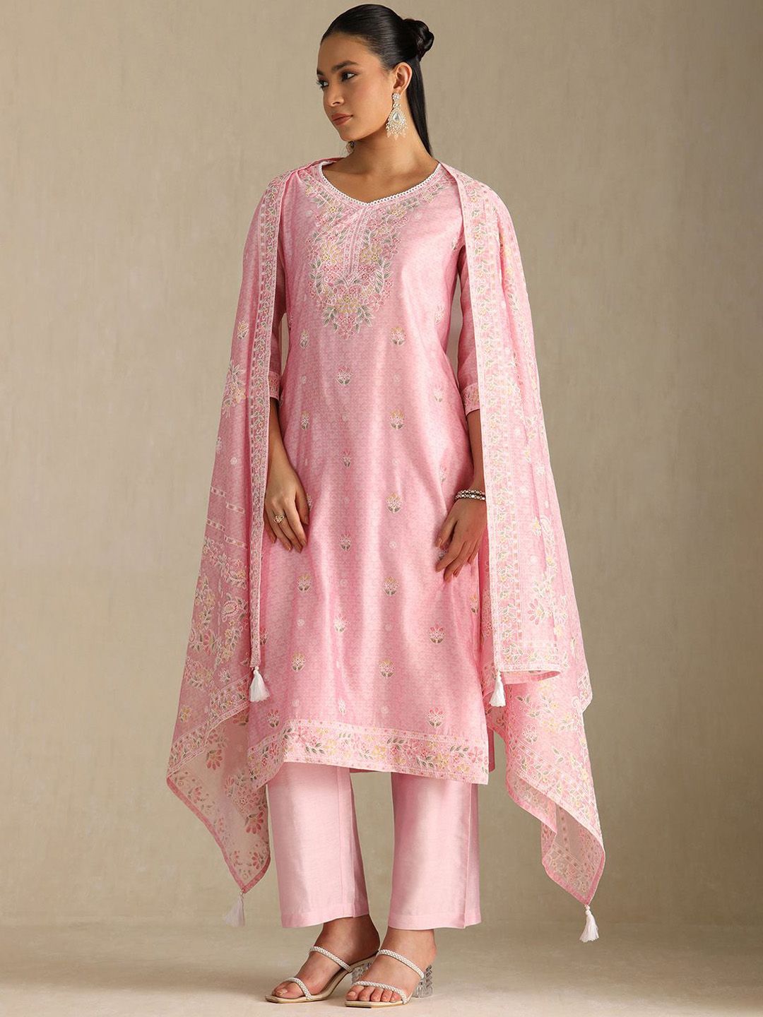 Dhiyona SO Women's Floral Printed Thread Work Chanderi Cotton Straight Kurta with Palazzos & Dupatta