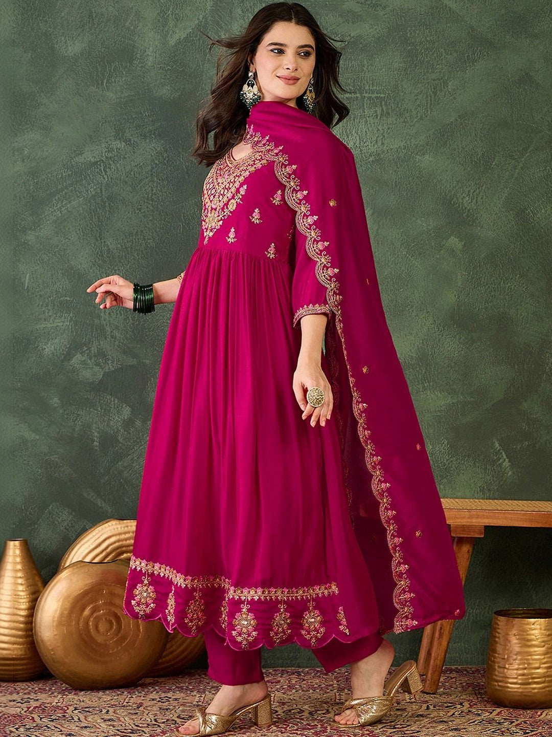 Embroidered V-Neck Kurta Trousers & Dupatta