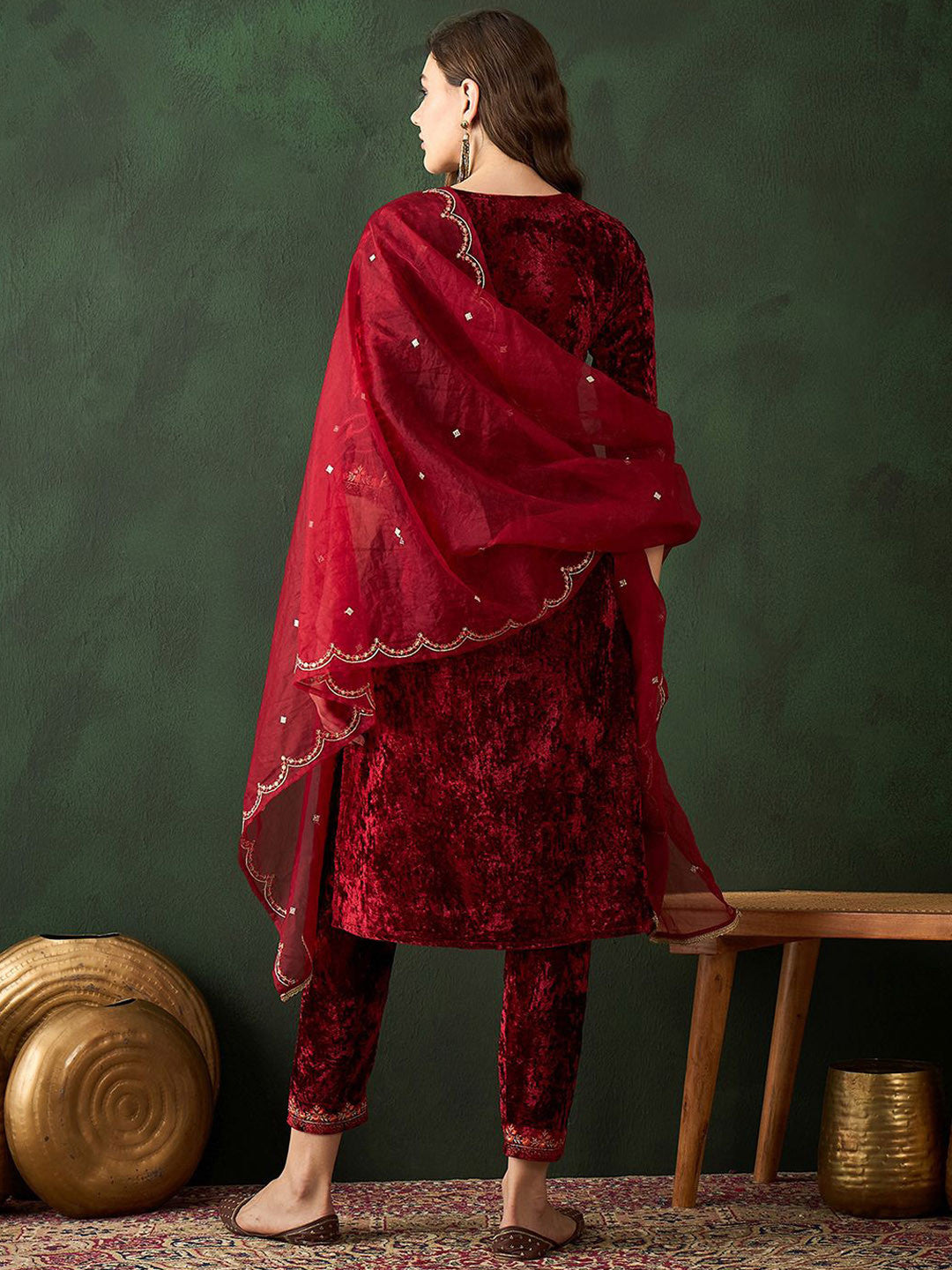 Embroidered A-Line Kurta & Trousers With Dupatta