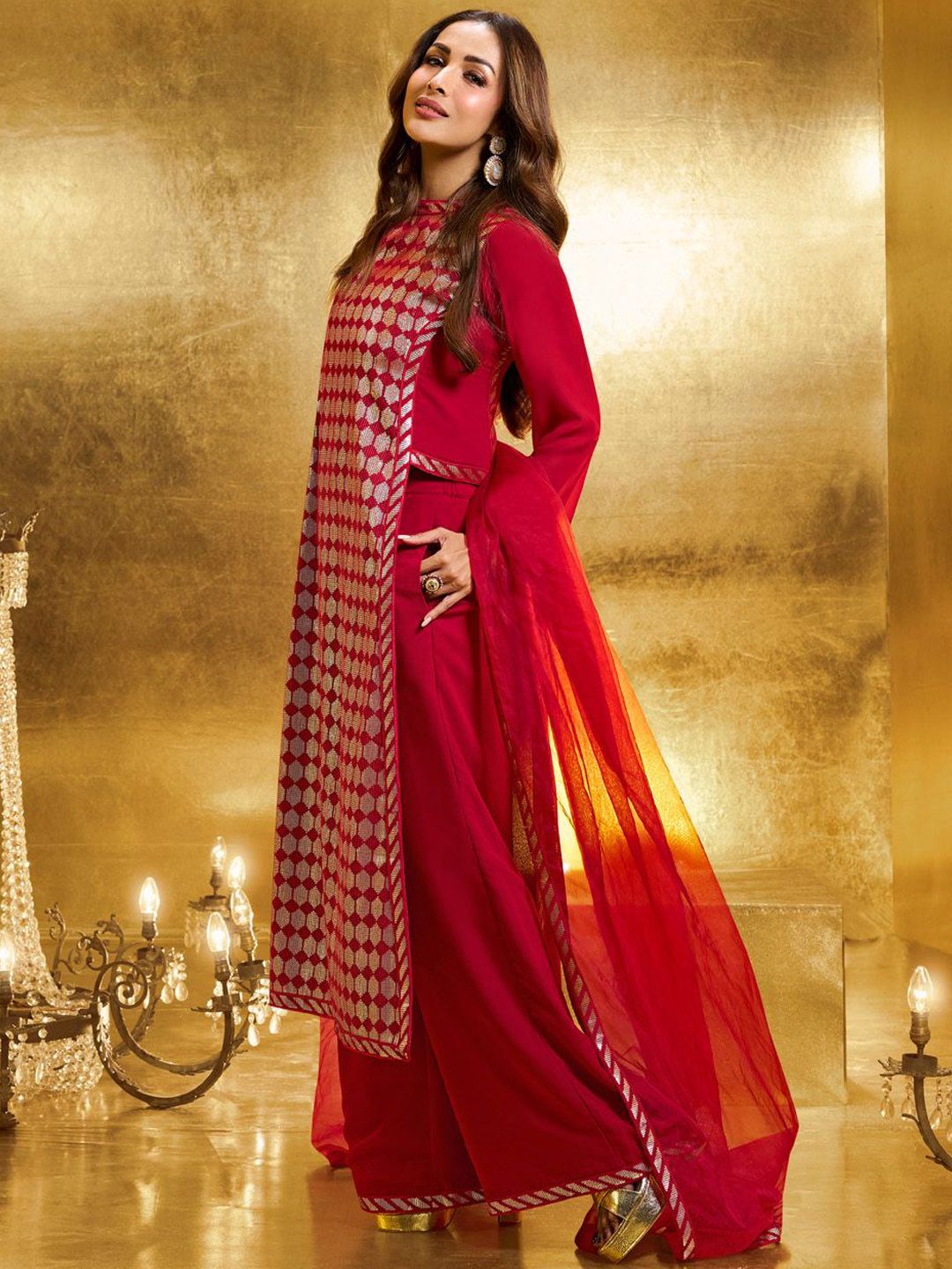 Dhiyona IN Women Embroidered High Slit Sequinned Kurta with Palazzos & Dupatta