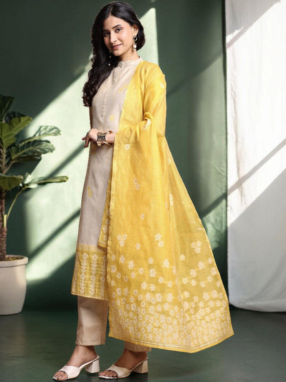 Floral Woven Design Mandarin Collar Kurta & Trousers With Dupatta