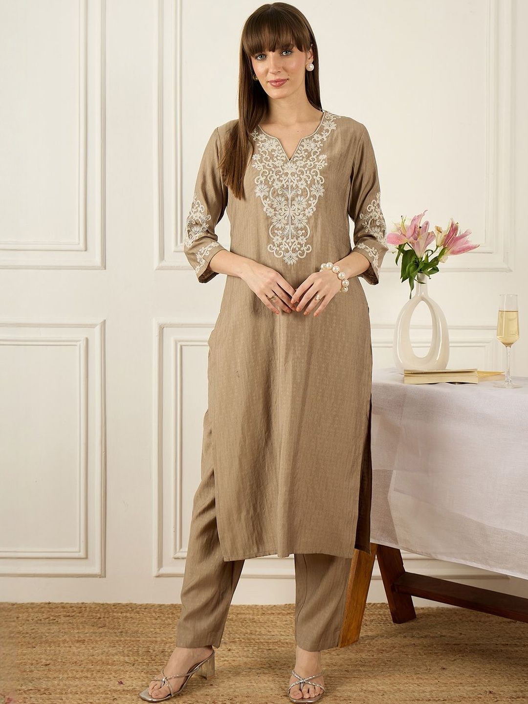 Dhiyona IE Floral Printed Thread Work Pure Cotton Kurta With Palazzos