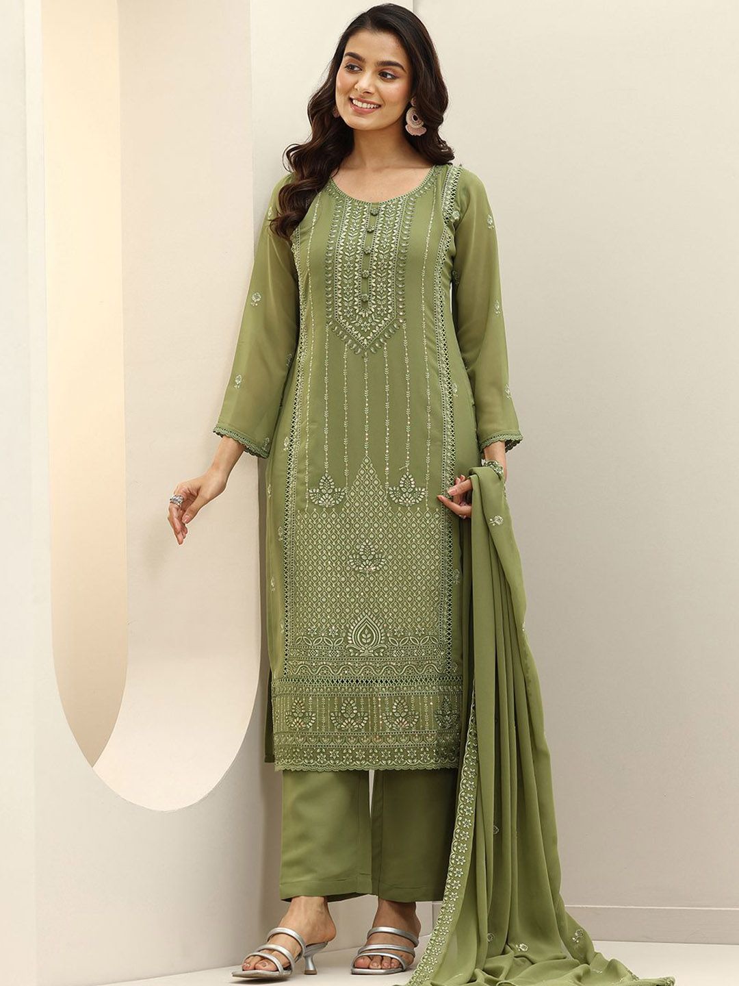 Dhiyona LL Women Floral Embroidered Panelled Sequinned Kurta with Palazzos & Dupatta