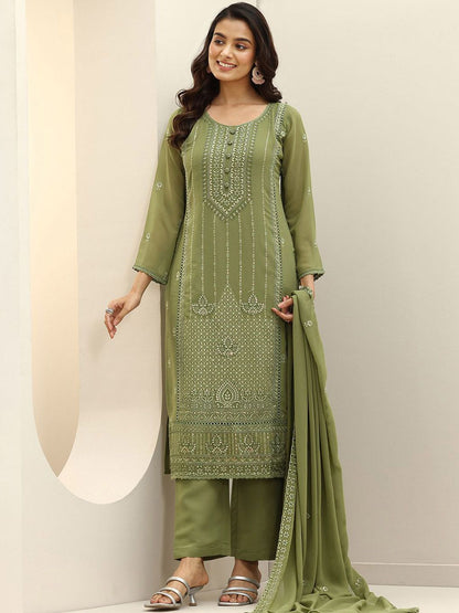 Dhiyona LL Women Floral Embroidered Panelled Sequinned Kurta with Palazzos & Dupatta