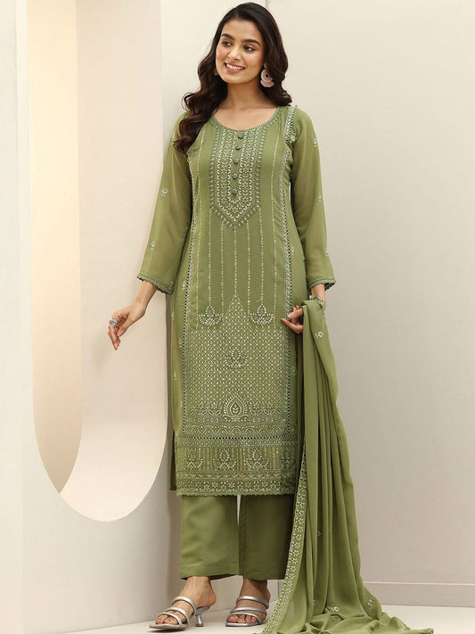 Dhiyona LL Women Floral Embroidered Panelled Sequinned Kurta with Palazzos & Dupatta