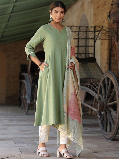Dhiyona RR Women's Regular Thread Work Pure Cotton Kurta with Trousers & With Dupatta