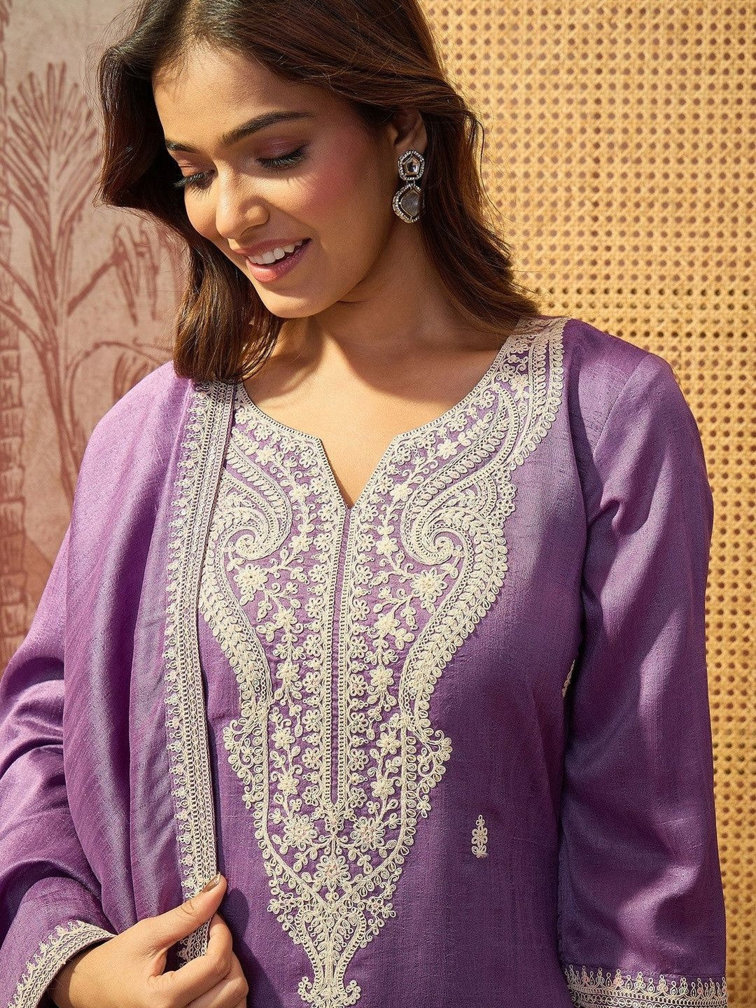 Embroidered Sweetheart Neck Kurta & Palazzos With Dupatta