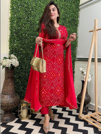 Dhiyona KL Women Bandhani Printed Regular Gotta Patti Kurta with Trousers & With Dupatta