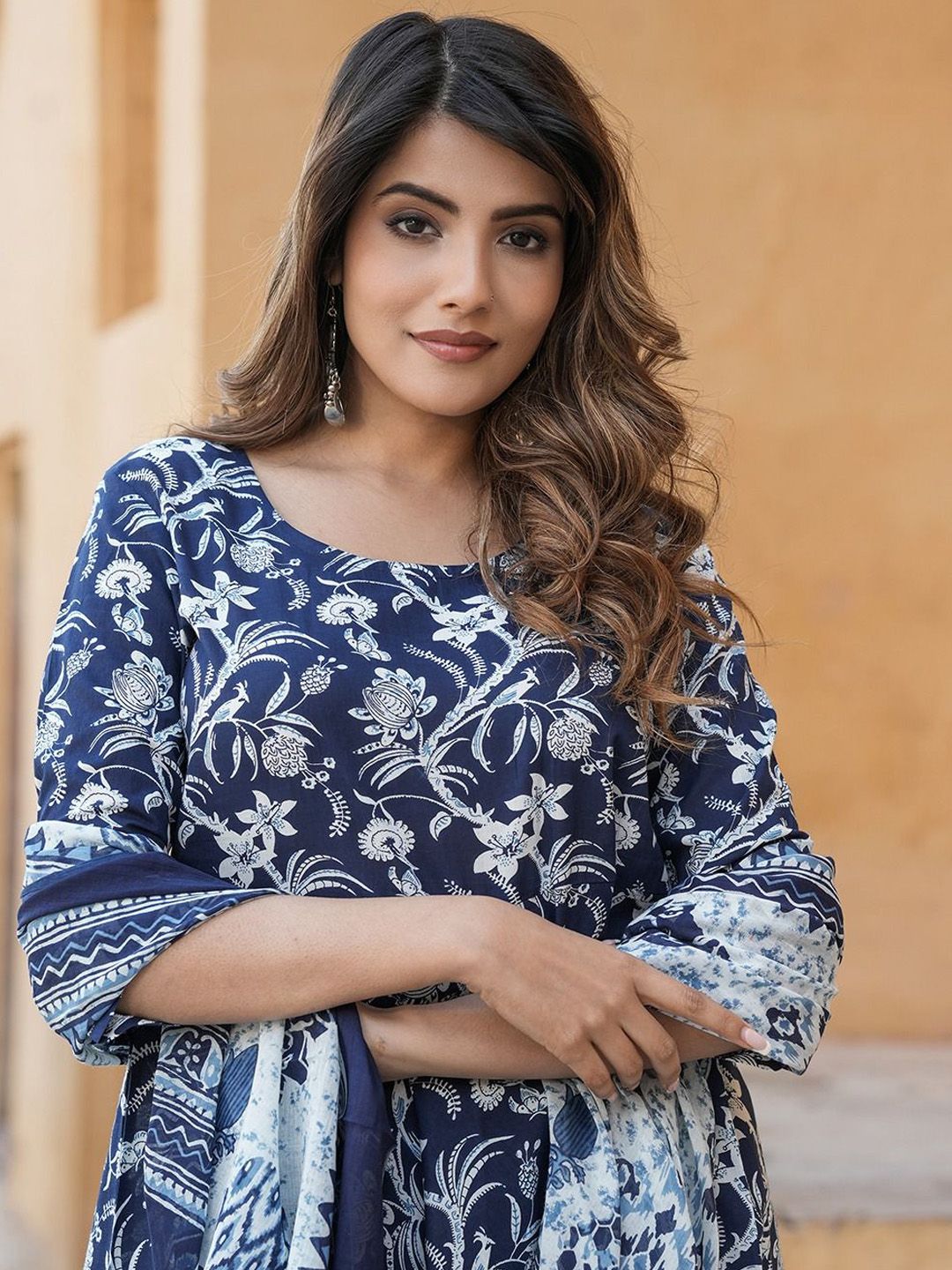 Dhiyona KL Floral Printed Round Neck Anarkali Pure Cotton Kurta With Trousers & Dupatta