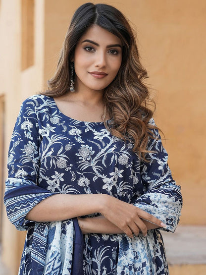 Dhiyona KL Floral Printed Round Neck Anarkali Pure Cotton Kurta With Trousers & Dupatta