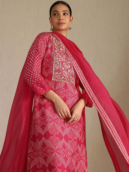 Dhiyona SO Women's Women Bandhani Striped Regular Zardozi Kurta with Palazzos & With Dupatta