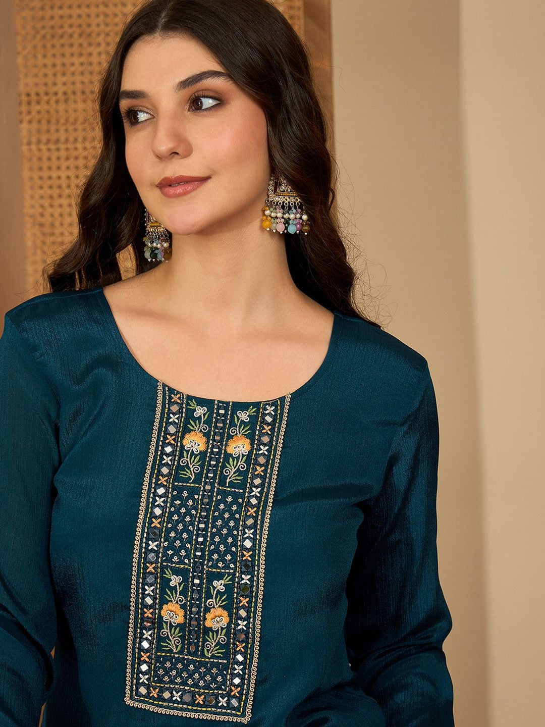 Dhiyona SN Women Ethnic Motifs Embroidered Asymmetric Sequinned Kurti with Palazzos
