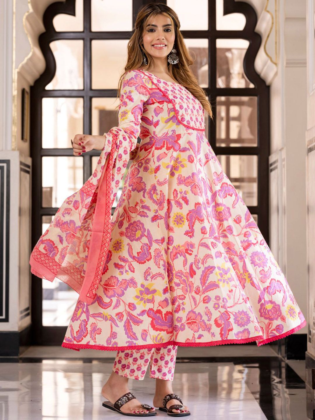 Dhiyona KL Women Floral Printed Cotton Kurta with Churidar & Dupatta