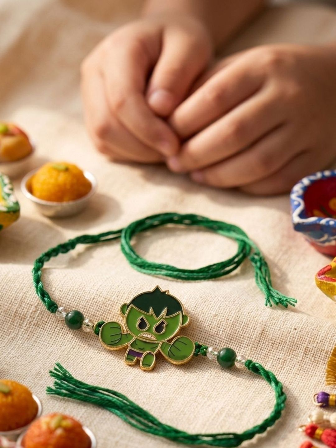 Dhiyona Kids Hulk Character Artificial Beads Thread Rakhi With Roli Chawal Chandan Mishri
