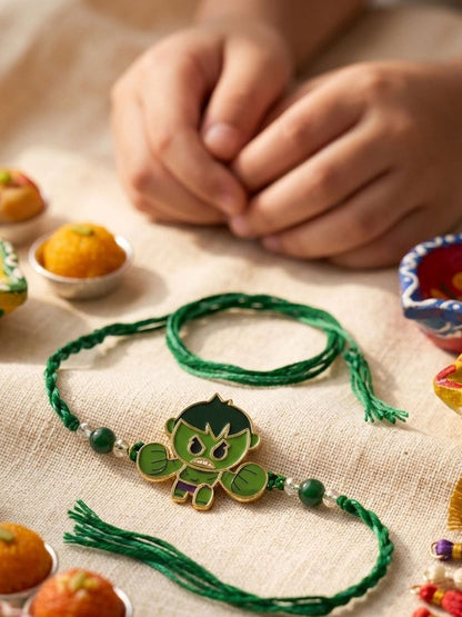 Dhiyona Kids Hulk Character Artificial Beads Thread Rakhi With Roli Chawal Chandan Mishri